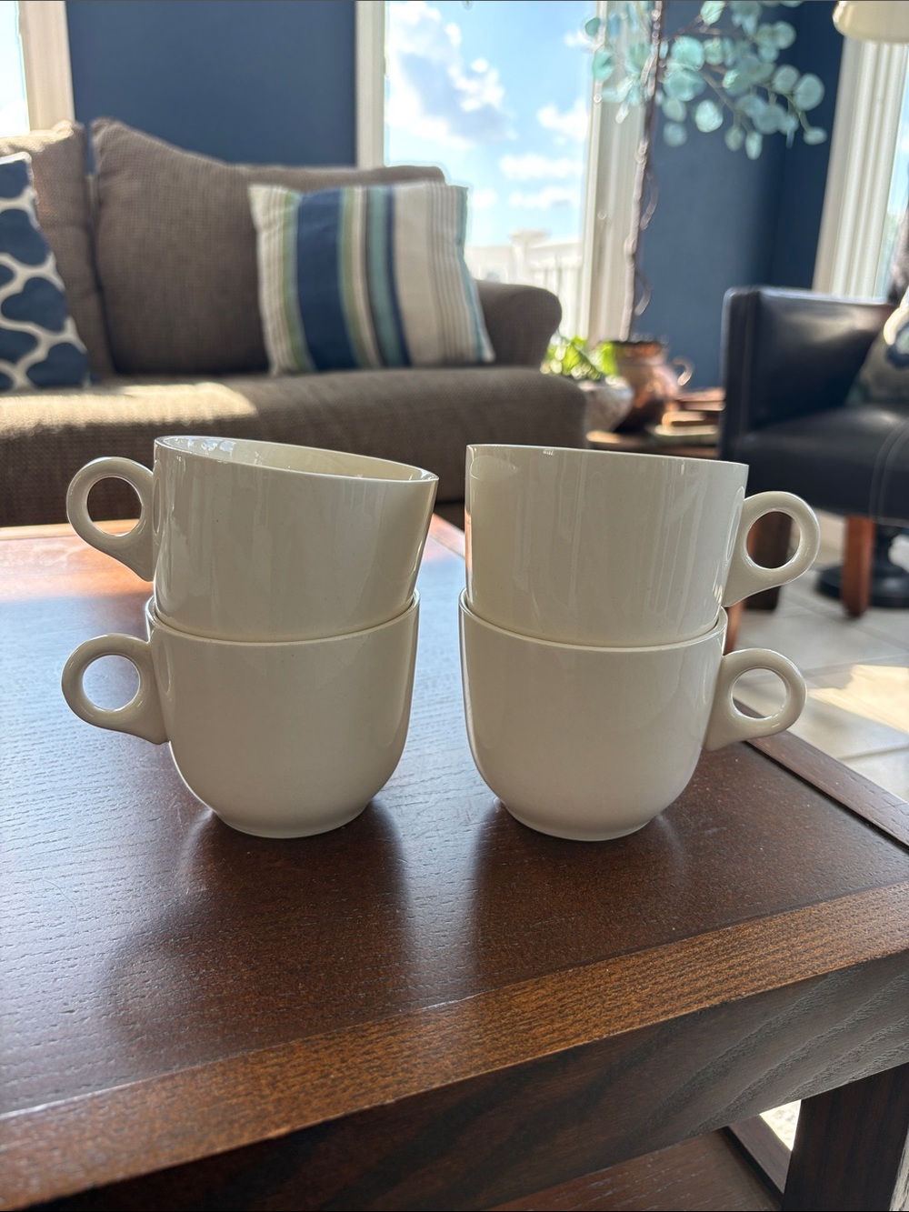 Scio Ironstone Coffee Mugs USA Cream Ivory Art Deco Loop Handle Cup, set of 4